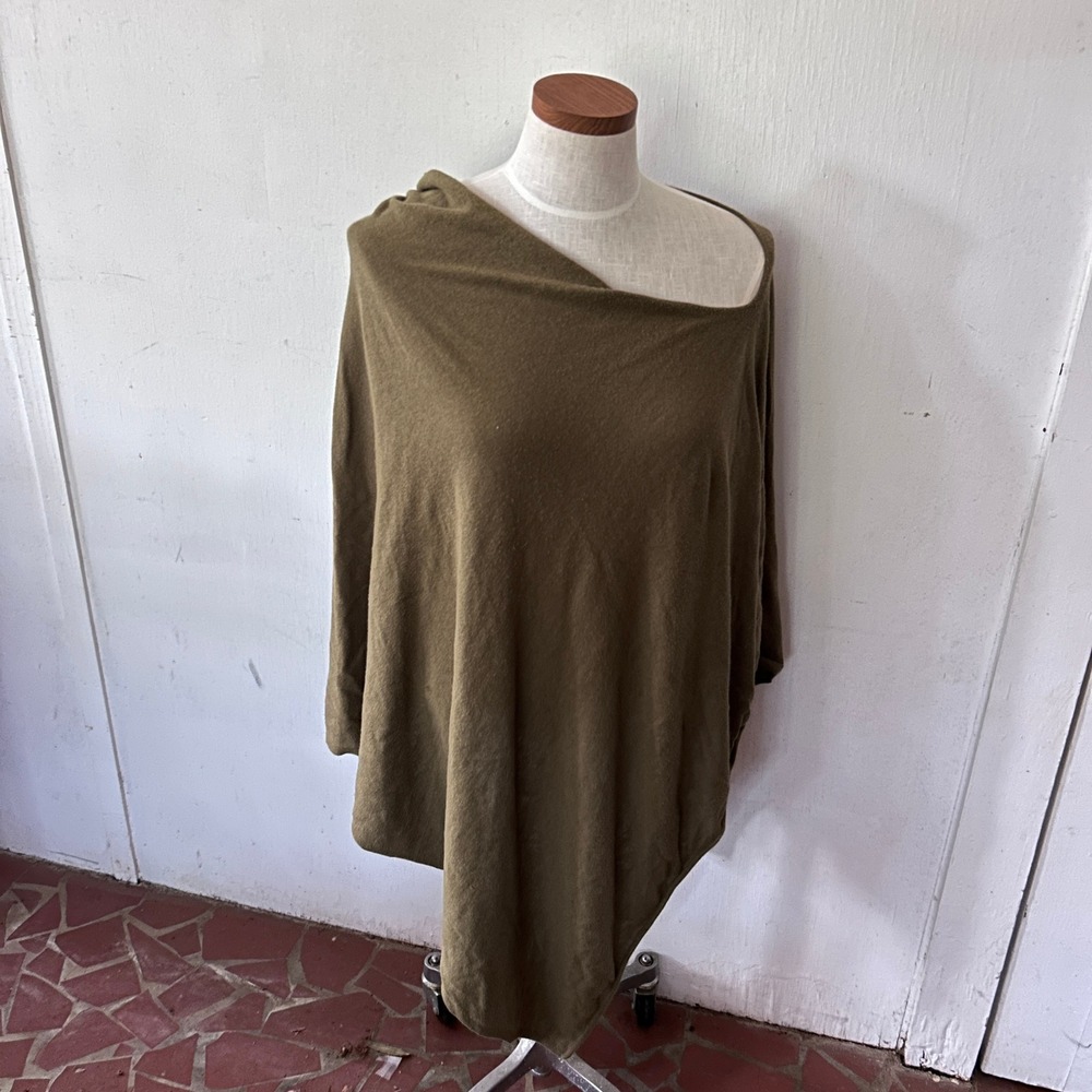 Talbots Poncho Women M/L Olive Green Asymmetrical Knit Wrap Earthy Aesthetic